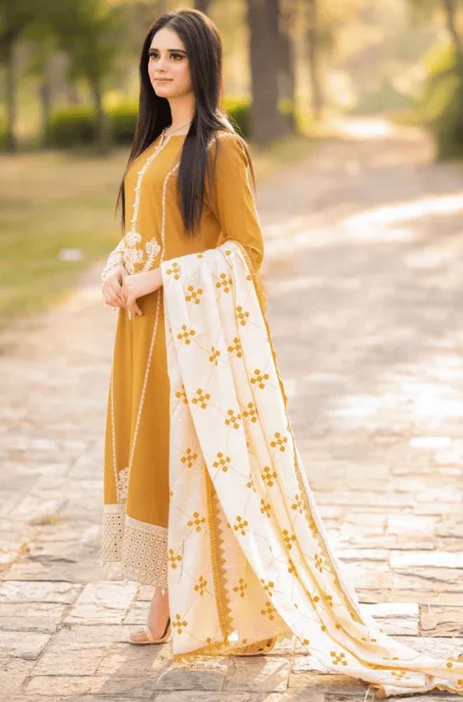 MARIA.B - 3PC Dhanak Embroidered Shirt with Dhanak Embroidered Dupatta and Trouser- BFB0455 - Image 5