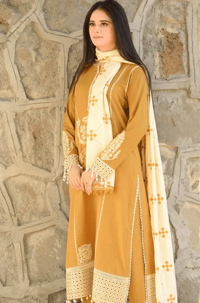 MARIA.B - 3PC Dhanak Embroidered Shirt with Dhanak Embroidered Dupatta and Trouser- BFB0455 - Image 6