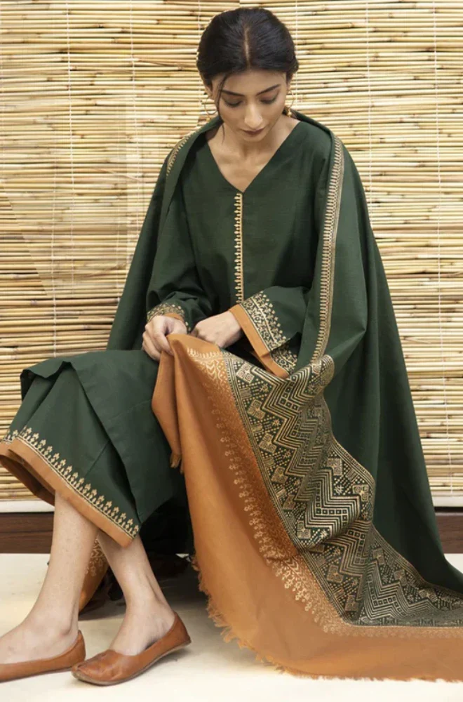ZARPASH - 3PC Dhanak Embroidered Shirt With Wool Embroidered Dupatta and Trouser - BFB0875